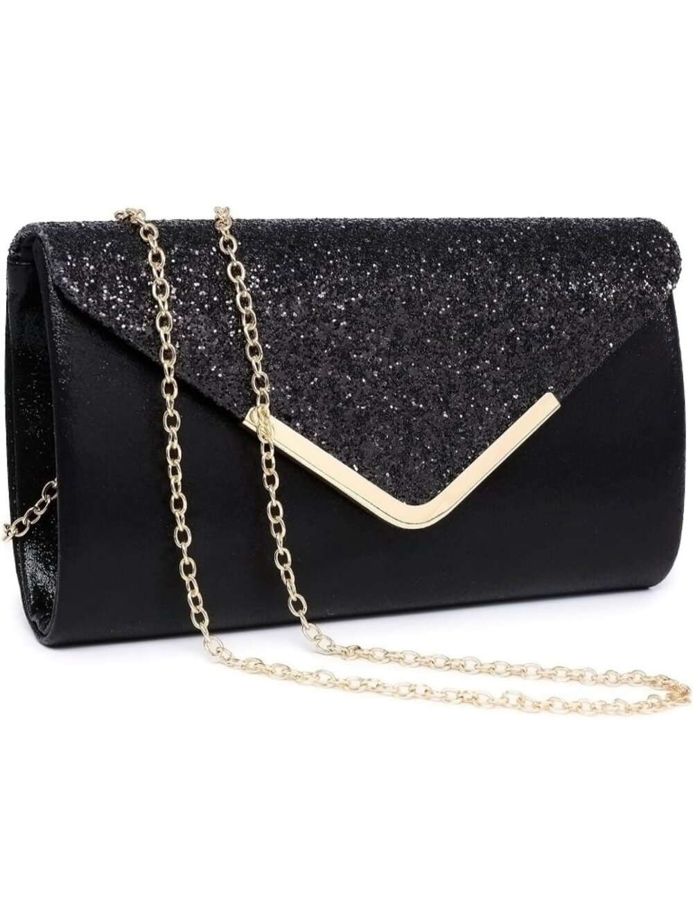 Women Black With Gold-tone Strap and Glitter Flap Handbags Formal Clutch Purses